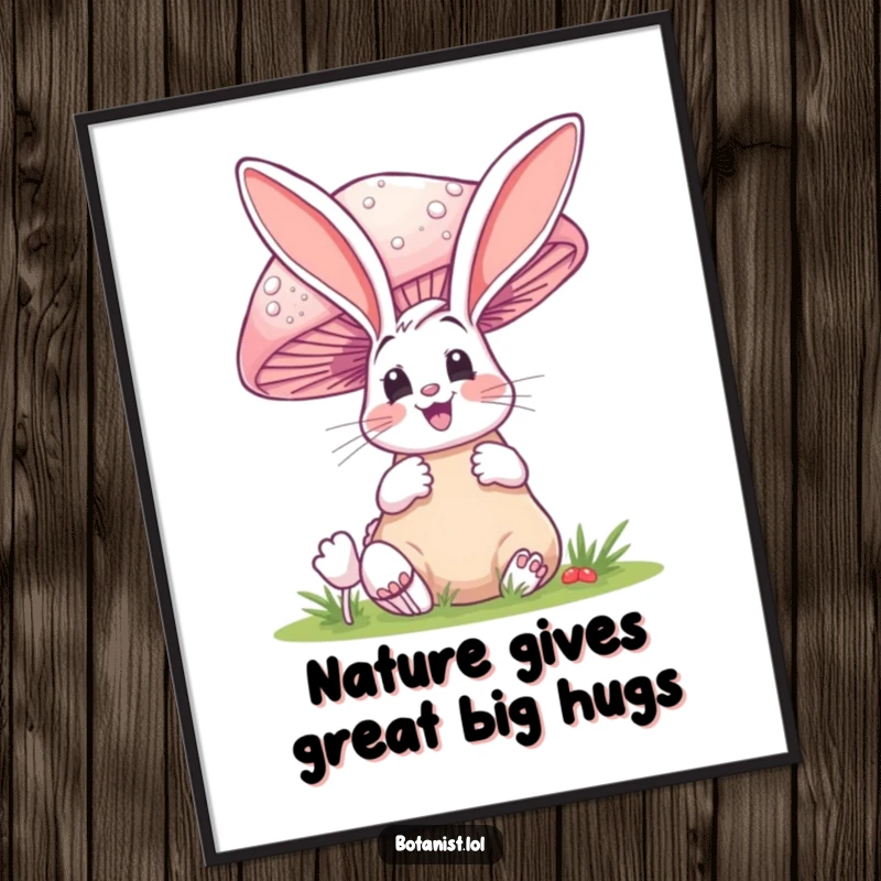 Funny Free Printable Wall Art: A happy bunny gazes in awe at a gigantic mushroom, bringing humor to your decor.