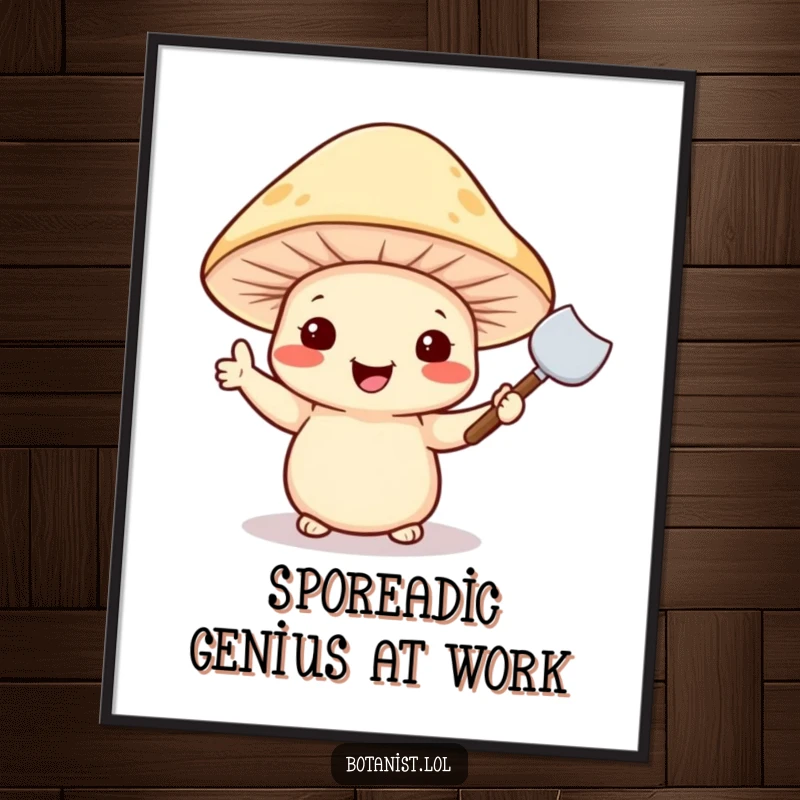 Funny Free Printable Wall Art: A cheerful mushroom wearing a hat waves a small trowel, embodying a cute and whimsical gardening spirit for decor.