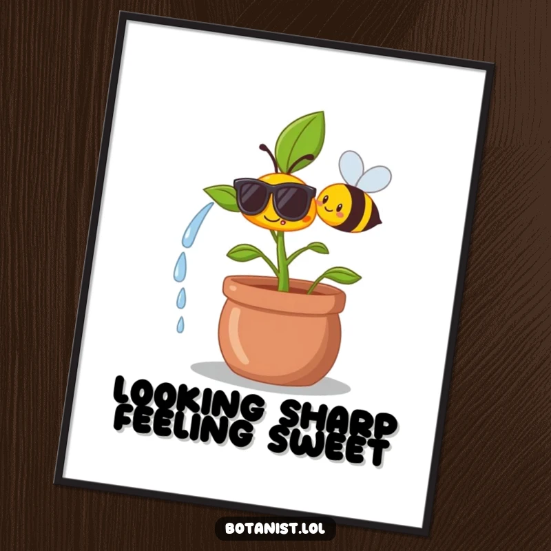 Funny Free Printable Wall Art: A happy plant wearing sunglasses, being watered by a smiling bee, radiating cool, sunny, and cheerful energy.