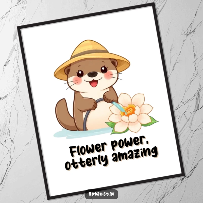 Funny free printable wall art of a happy otter in a straw hat watering a gigantic flower, whimsical garden art.