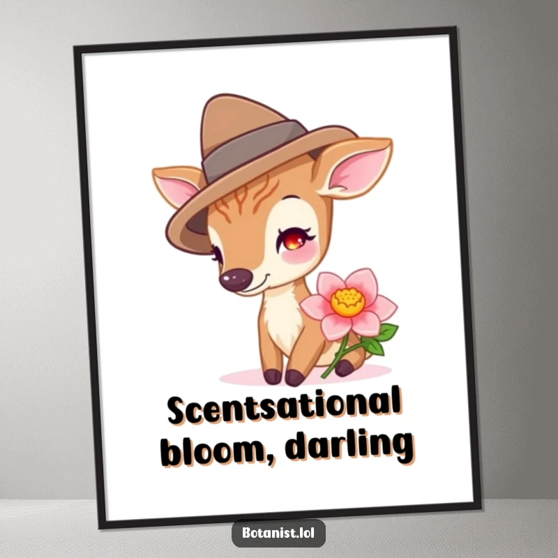 Funny Free Printable Wall Art: A happy deer adorned with a fashionable hat delicately sniffs a freshly cut, vibrant bloom.