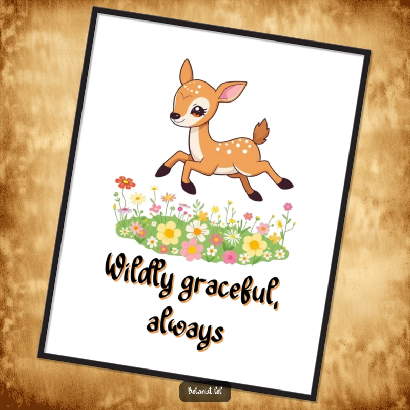 Funny Free Printable Wall Art: A deer gracefully leaping over a meadow of colorful wildflowers, eyes sparkling.