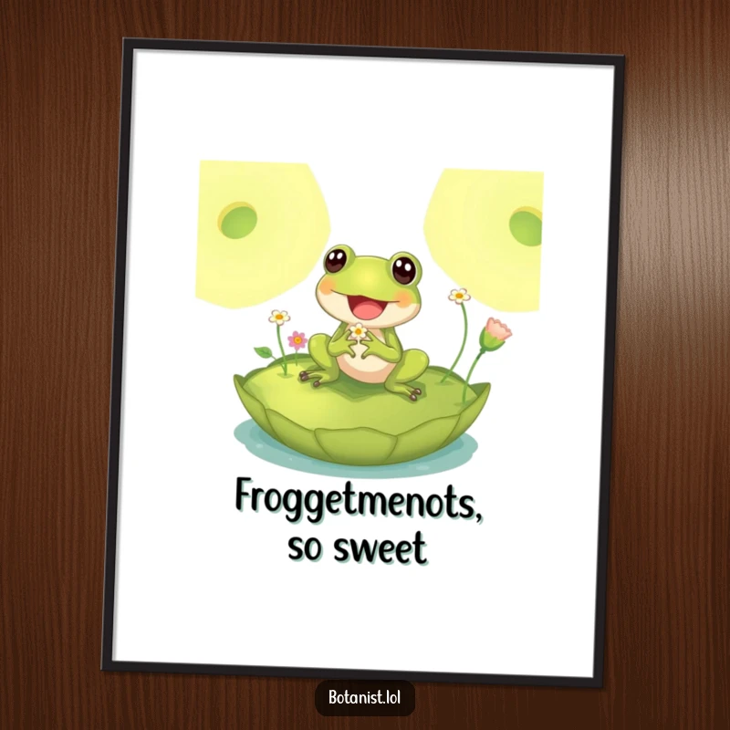 Funny Free Printable Wall Art: A delighted frog sits on a large lily pad, curiously inspecting miniature flowers, creating a peaceful scene.