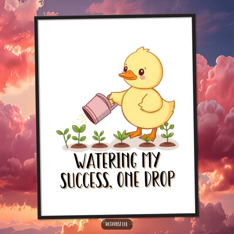 Funny Free Printable Wall Art: A determined duckling watering a neat row of tiny, vibrant plants with a miniature watering can.