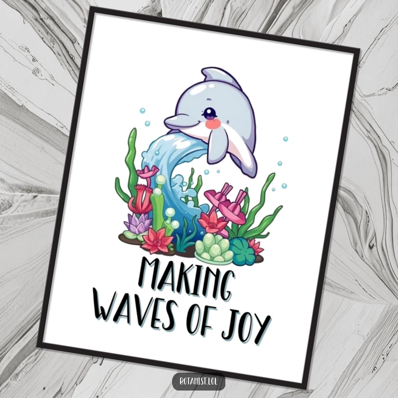 Funny Free Printable Wall Art: A dolphin playfully splashing water onto a collection of vibrant aquatic plants.