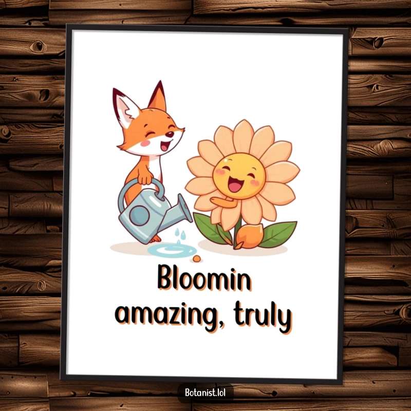Funny Free Printable Wall Art: A cute fox happily waters a giant, smiling flower with a tiny watering can, creating a cheerful scene.