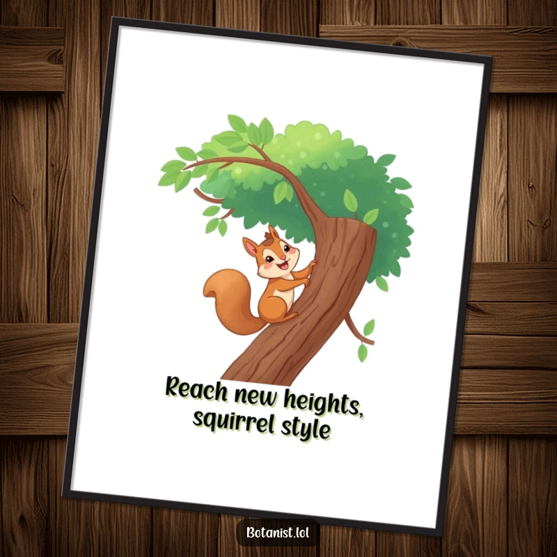 Funny Free Printable Wall Art, a giggling squirrel energetically climbing a tall, leafy tree, whimsical woodland decor.