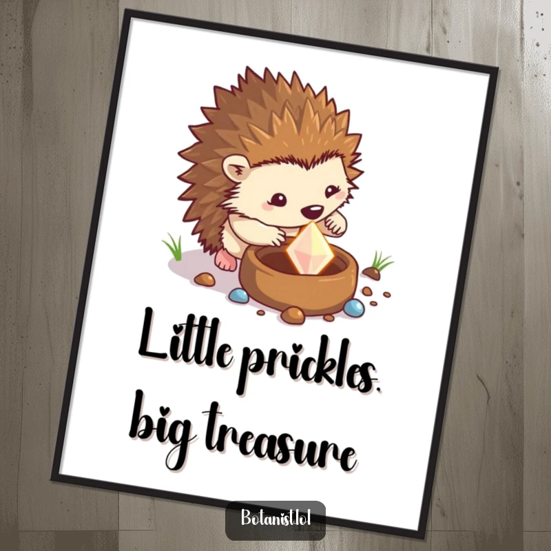 Funny Free Printable Wall Art: Determined hedgehog finding a sparkling gem, whimsical downloadable decor.