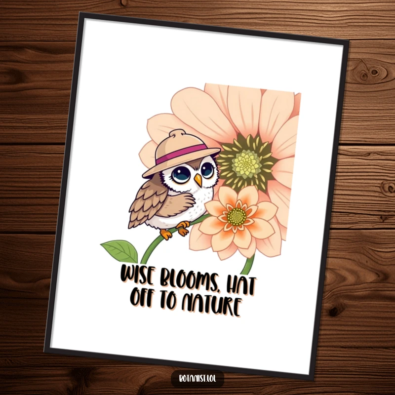 Funny Free Printable Wall Art: A cute owl sporting a hat inspects a magnificently bloomed giant flower, adding charm to any room.