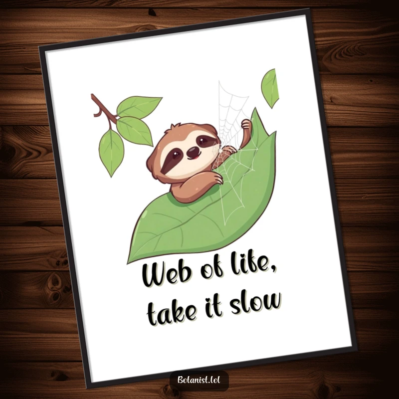 Funny Free Printable Wall Art: Smiling sloth gently stroking a dewy spiderweb, serene downloadable decor.
