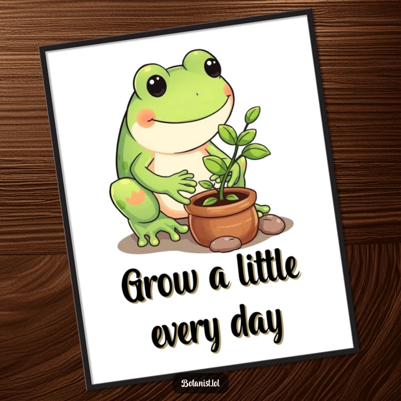 Funny Free Printable Wall Art: A playful frog carefully tending a tiny potted sapling, embodying a cute and whimsical nature-lover for decor.