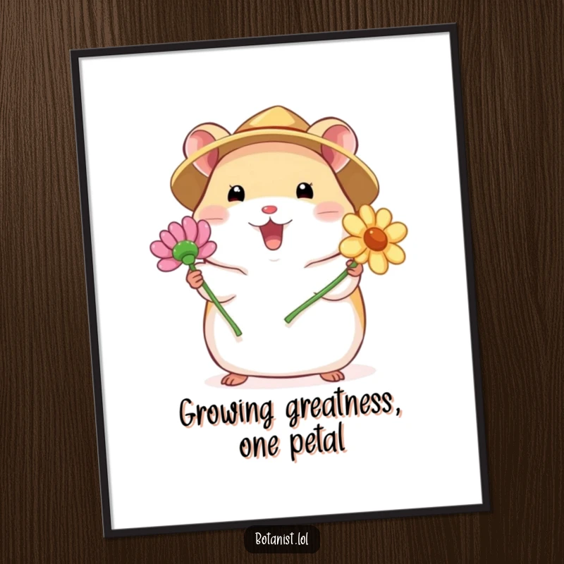 Funny Free Printable Wall Art: A chubby hamster in a straw hat excitedly offers a beautiful blooming flower, radiating happiness.