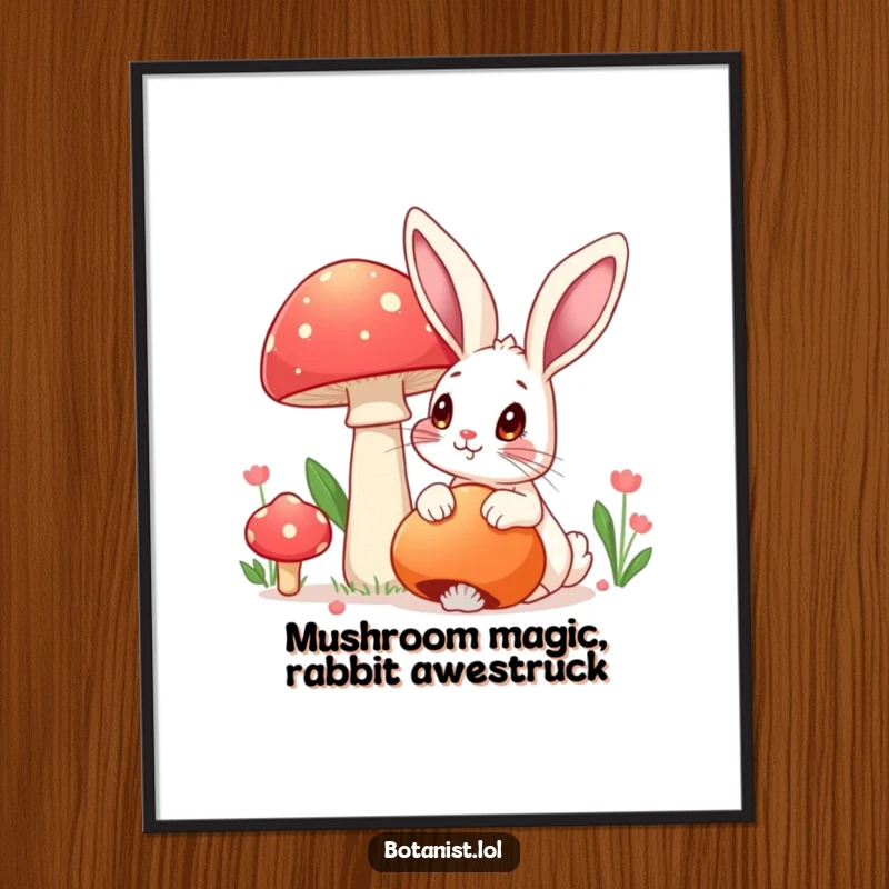 Funny Free Printable Wall Art: A curious rabbit with wide-open eyes gazes in admiration at a massive, vibrantly colored mushroom in the forest.