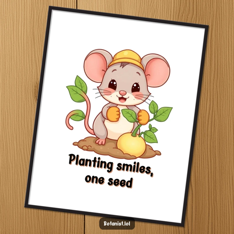 Funny Free Printable Wall Art: A mouse wearing gardening gloves, happily planting a comically huge seed.