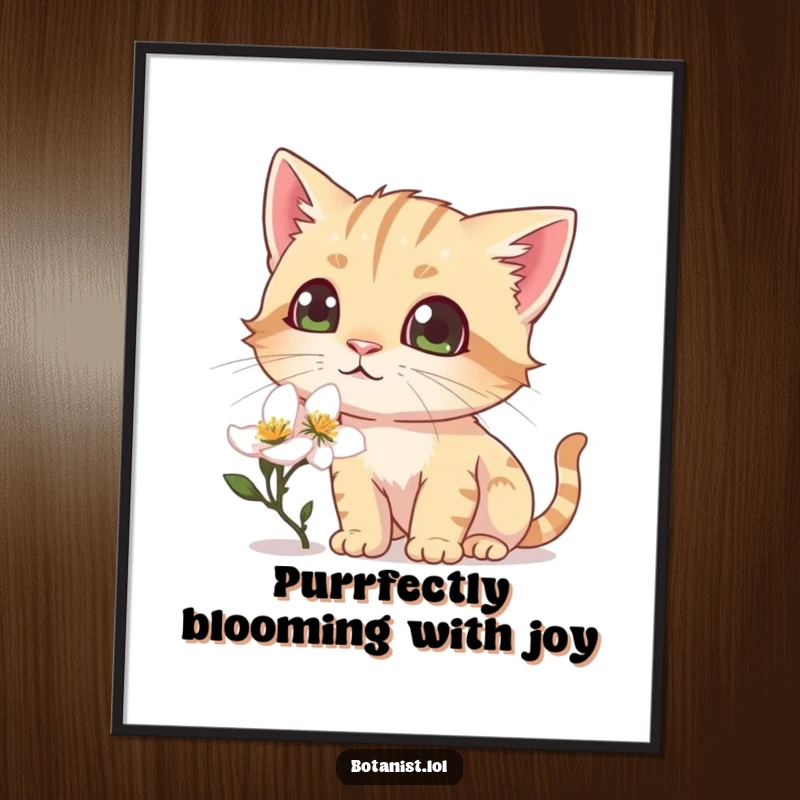 Funny Free Printable Wall Art: A curious cat deeply sniffing a dew-covered blossom, its eyes expressing pure, comical delight. Downloadable decor.