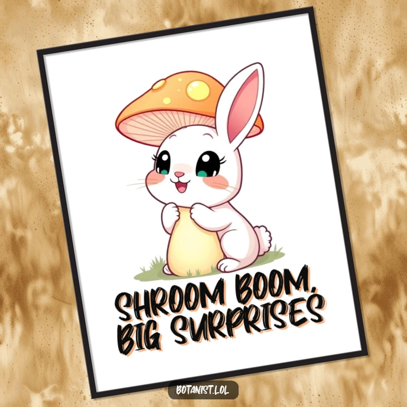 Funny Free Printable Wall Art: A happy rabbit with wide eyes curiously inspects a towering, radiant mushroom, creating a magical scene.