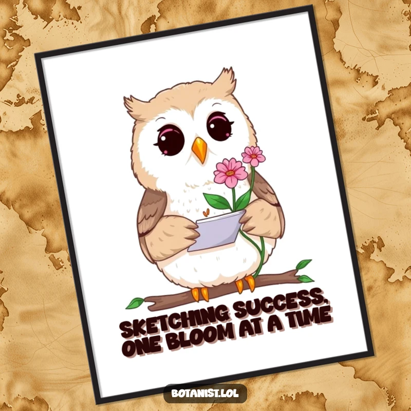 Funny Free Printable Wall Art, a curious owl artist sketching a rare blooming plant with a notepad, whimsical home decor.