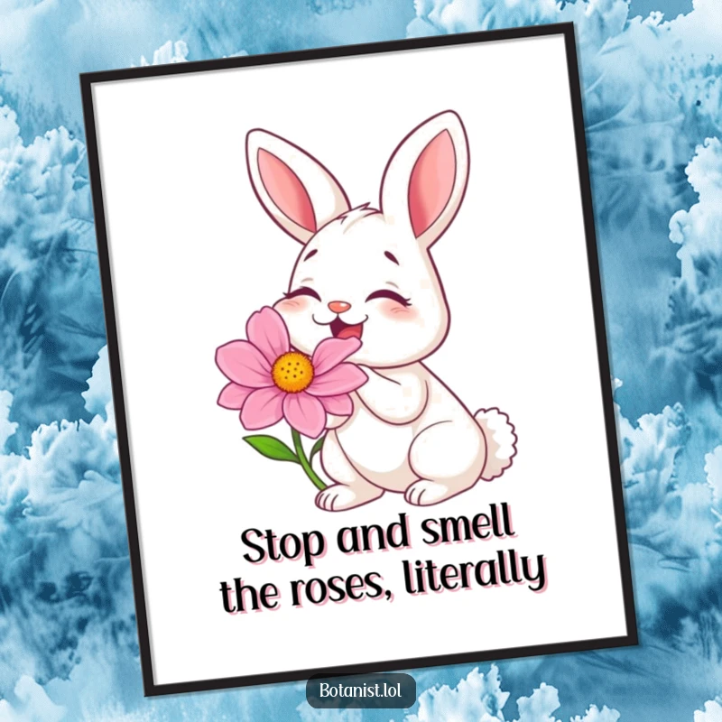 Funny Free Printable Wall Art: A bunny overcome with laughter while sniffing a giant, vibrant flower.