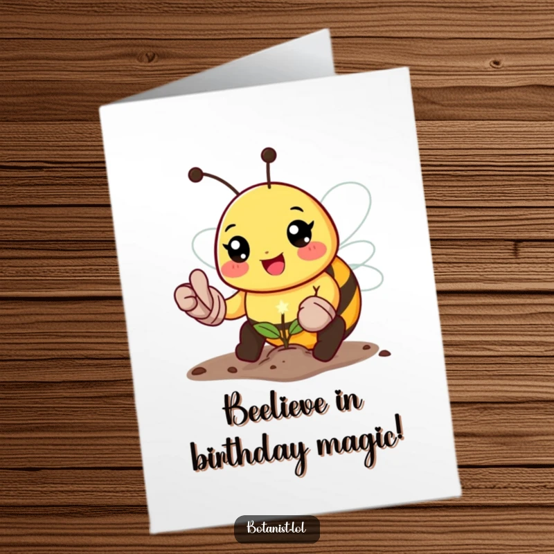 Funny Free Printable Birthday Card featuring a happy gardening bee with gloves planting a tiny seed, spreading joy.