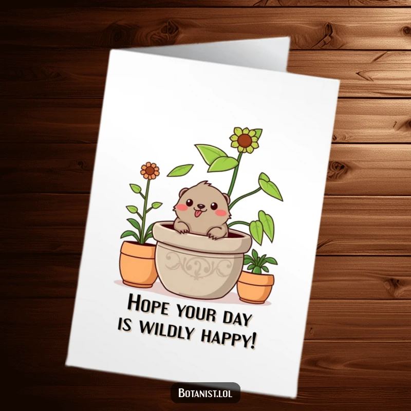 Funny free printable birthday card with a cheerful mole popping its head out of a giant potted plant, looking delighted.