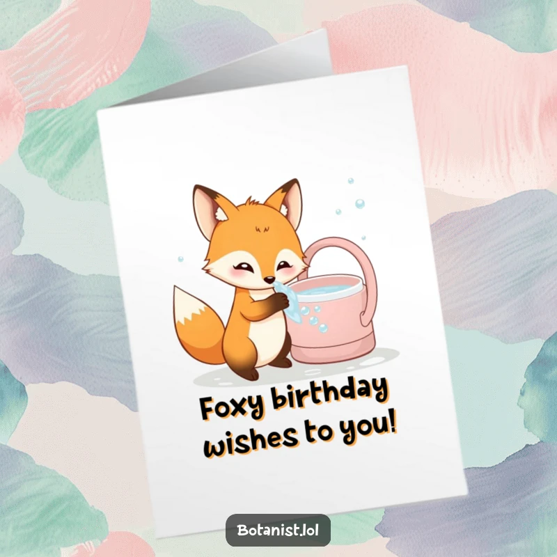 Funny free printable birthday card with a curious fox playfully dipping its paw into bubbly water from a watering can.