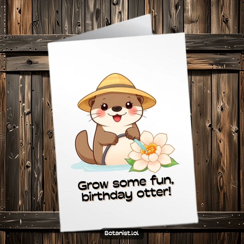 Funny free printable birthday card featuring a cheerful otter in a straw hat watering an oversized, vibrant flower.