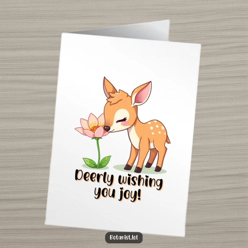 Funny Free Printable Birthday Card: Gentle deer curiously sniffs a unique shimmering flower, a delicate DIY surprise.