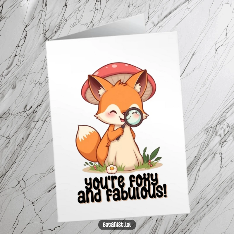 Funny Free Printable Birthday Card: Smiling fox examining a giant mushroom with a magnifying glass, celebrating a birthday discovery.