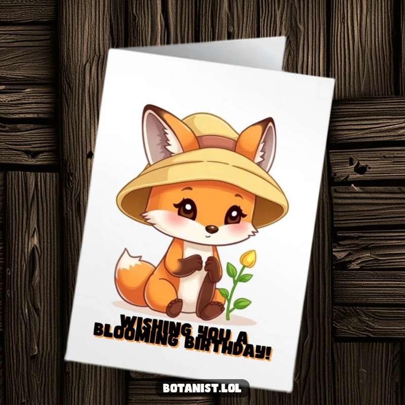 Funny Free Printable Birthday Card: Curious fox in a sunhat examining a tiny sprout with delight, wishing happy birthday.