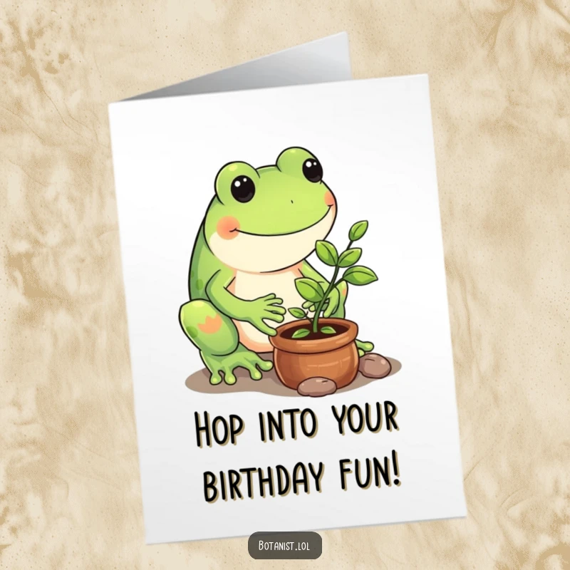 Funny Free Printable Birthday Card: A playful frog carefully watering a tiny potted sapling, symbolizing growth and happy birthday wishes.