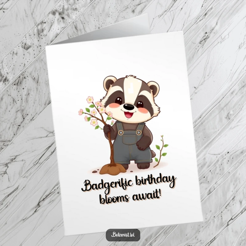 Funny Free Printable Birthday Card: Happy badger in overalls pruning a tiny tree, a delightful DIY gift.