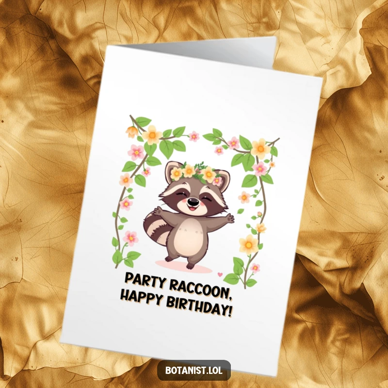 Funny Free Printable Birthday Card: Giggling raccoon in flower crown dancing, birthday party vibes, downloadable greeting.