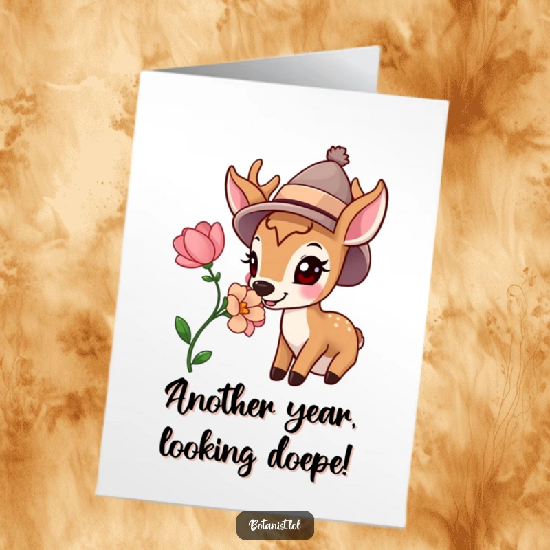 Funny Free Printable Birthday Card: A happy deer in a stylish hat sniffs a vibrant bloom, wishing a blooming birthday.