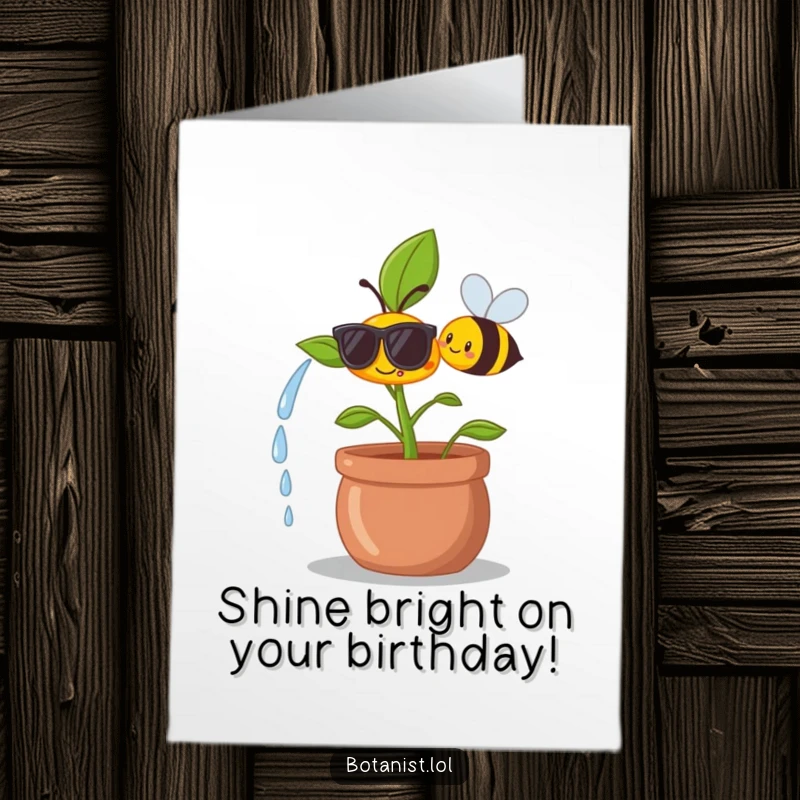 Funny Free Printable Birthday Card: A happy plant wearing tiny sunglasses being watered by a smiling bee, celebrating with cool, sunny vibes.