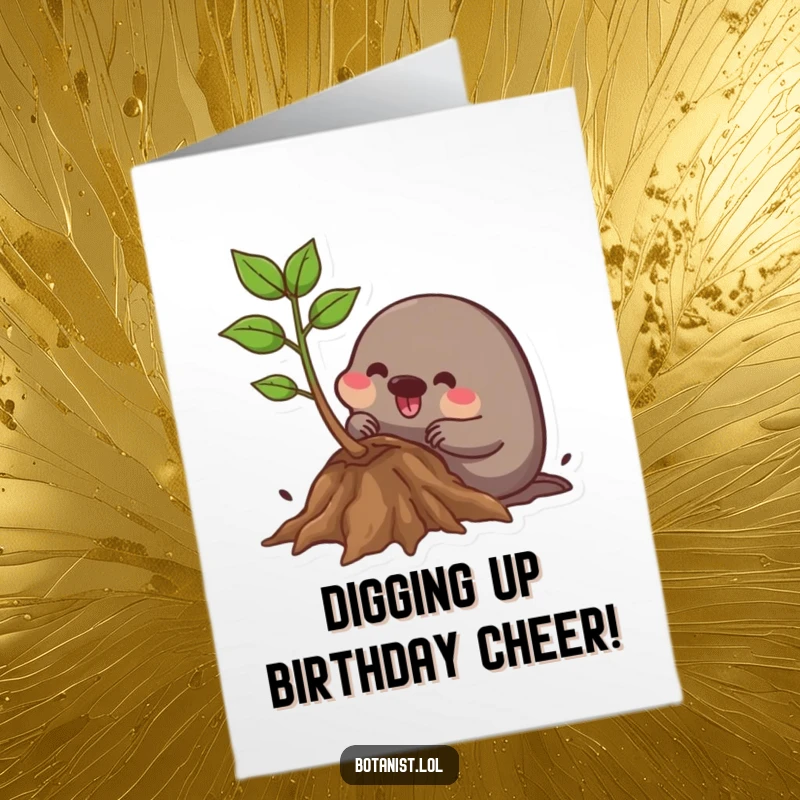 Funny Free Printable Birthday Card: Mole happily burrows near plant roots, a whimsical DIY birthday surprise.
