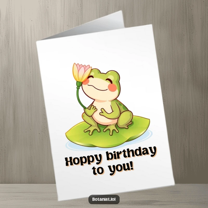 Funny Free Printable Birthday Card: A gleeful frog perched on a lily pad, gazing at a beautiful flower.