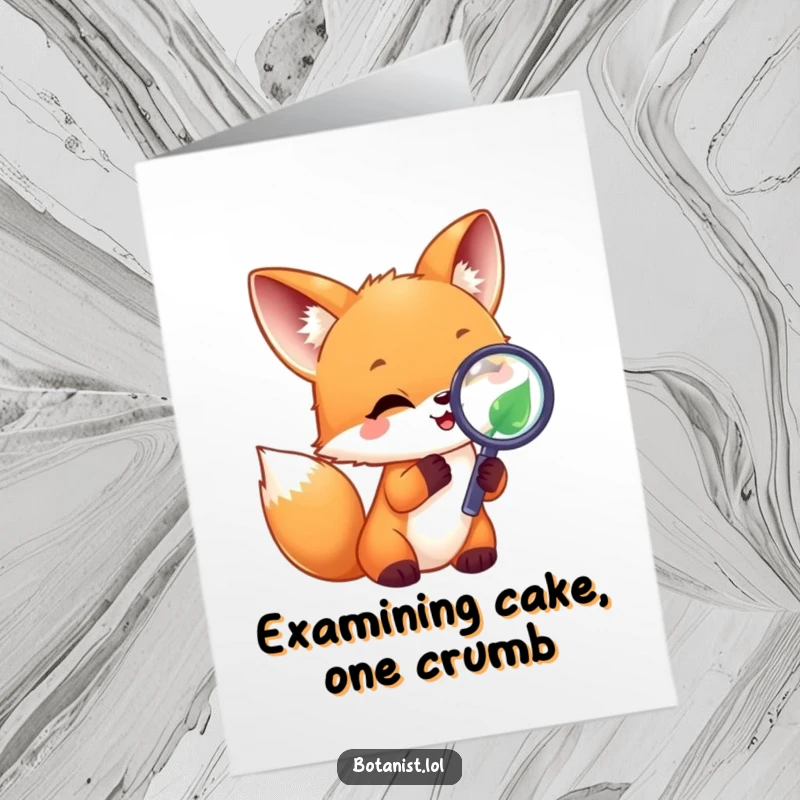 Funny Free Printable Birthday Card: Joyful fox cub examining a leaf with a magnifying glass, showing intense curiosity.