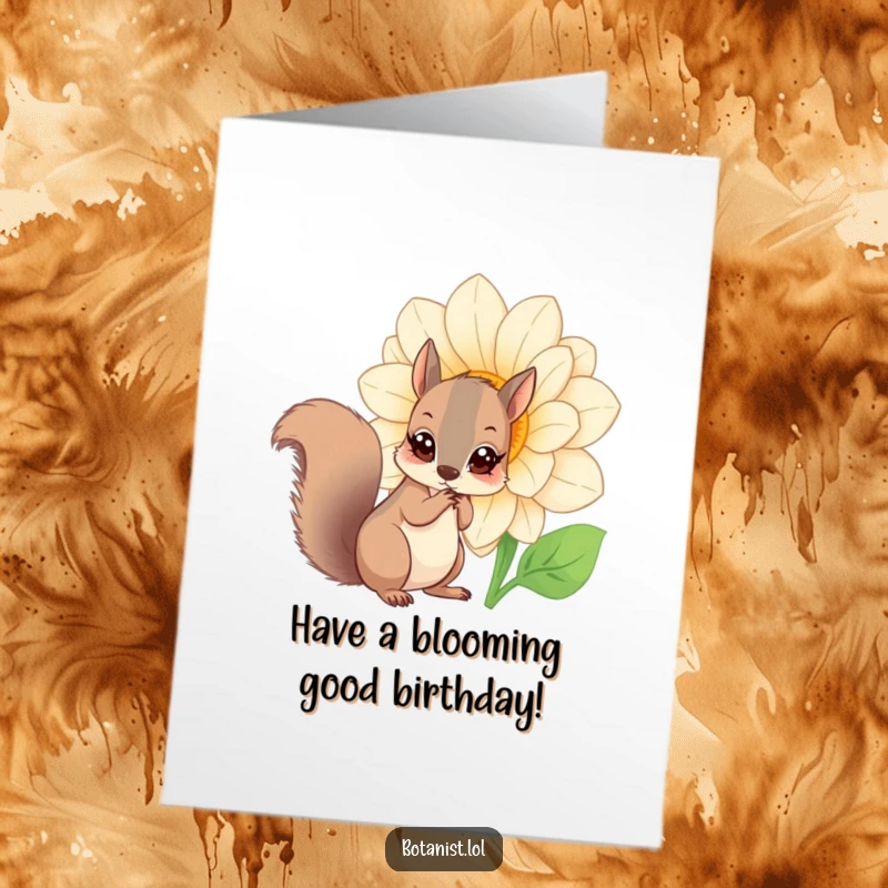 Funny Free Printable Birthday Card: a curious squirrel marveling at a giant, blooming flower with wide, amazed eyes.