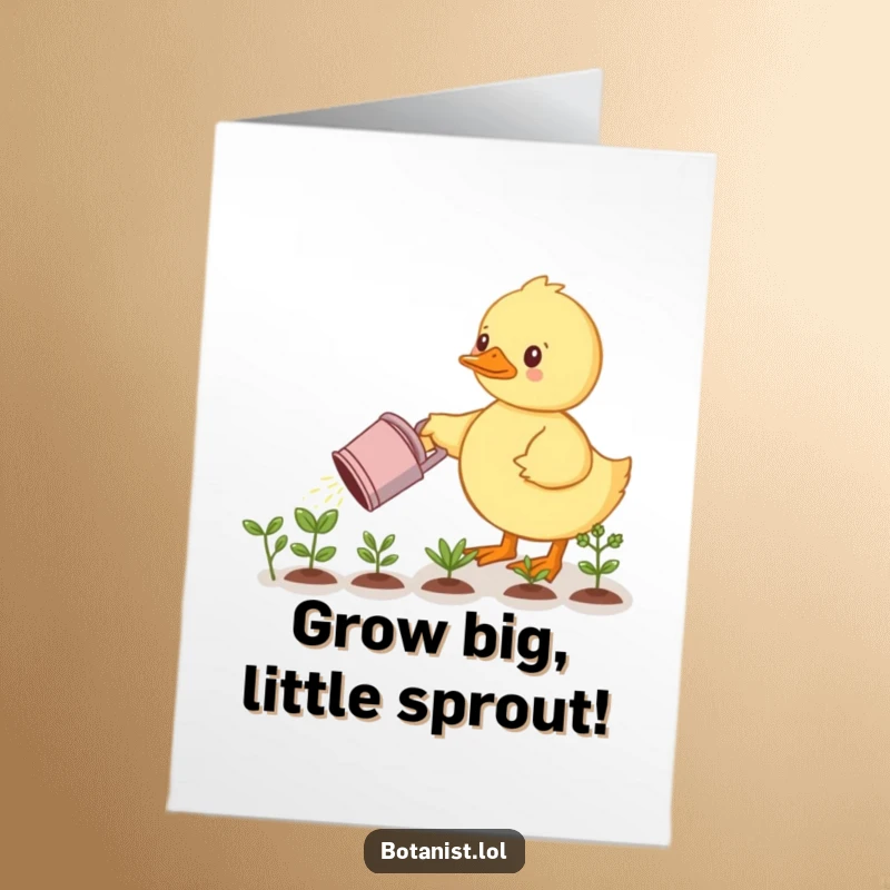 Funny Free Printable Birthday Card: A determined duckling carefully waters a line of tiny, flourishing plants with a small watering can.
