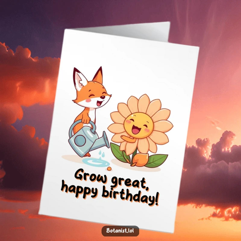 Funny Free Printable Birthday Card: A cute fox excitedly waters a giant, smiling flower with a tiny watering can, spreading cheer.