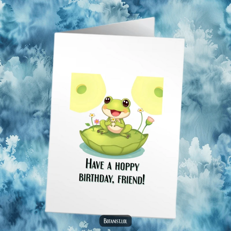 Funny Free Printable Birthday Card: A delighted frog sits on a giant lily pad, inspecting small flowers, celebrating a birthday.