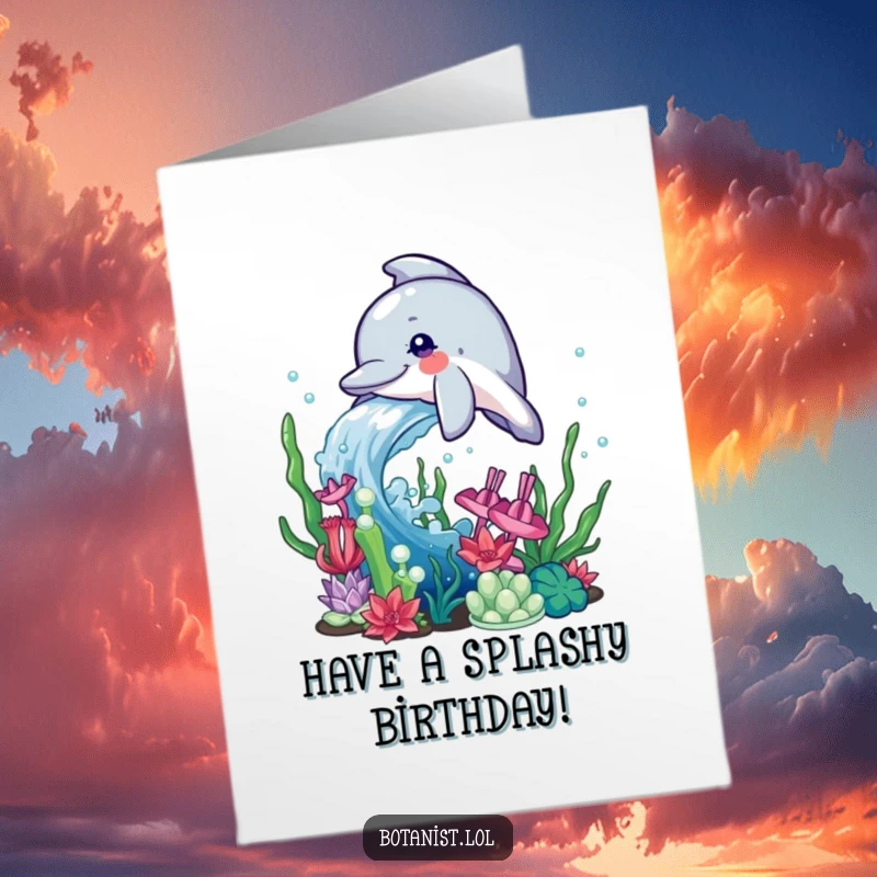Funny Free Printable Birthday Card: A dolphin playfully splashing water on aquatic plants.