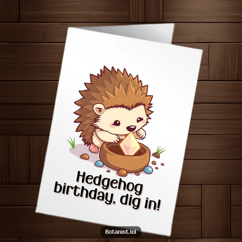 Funny Free Printable Birthday Card: Determined hedgehog digging for a gem, birthday treasure hunt, downloadable greeting.