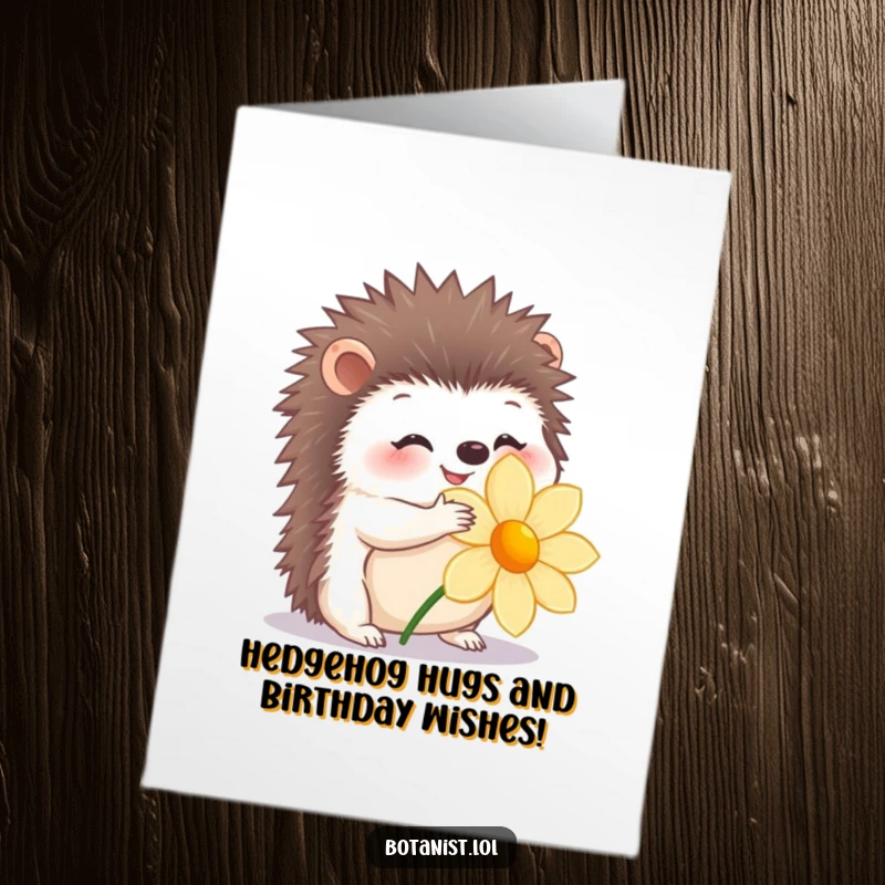 Funny Free Printable Birthday Card: Happy hedgehog embracing a delicate flower with a gentle, loving hug.