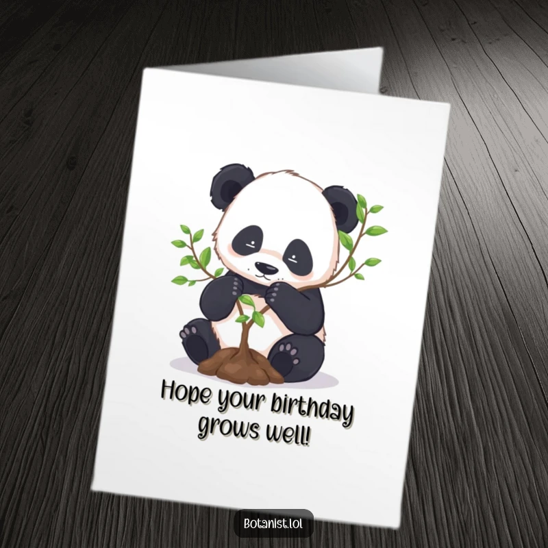 Funny Free Printable Birthday Card: A focused panda carefully repots a tiny tree, wishing someone a birthday filled with growth and joy.