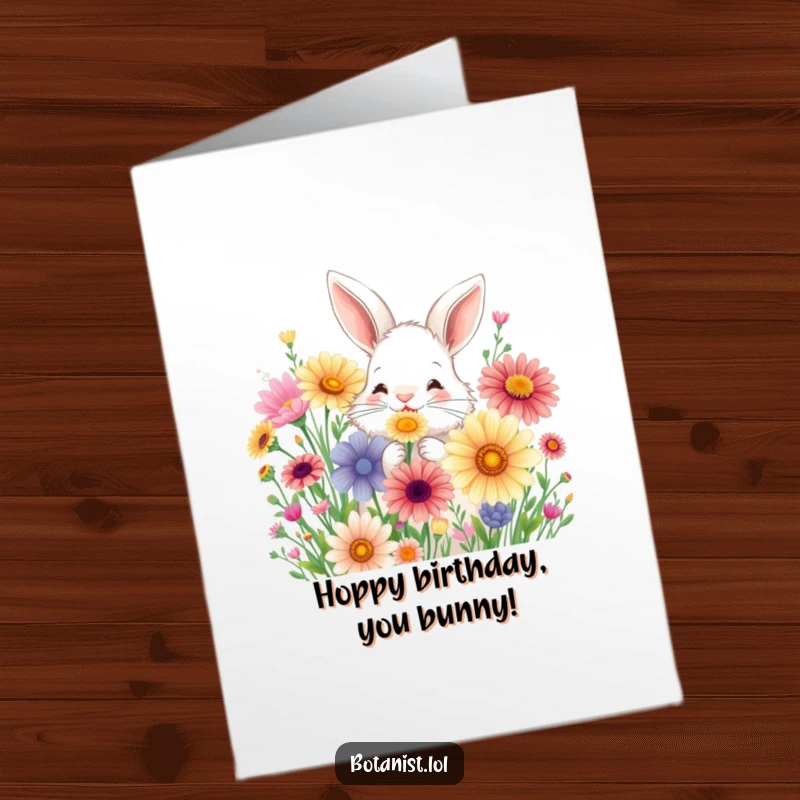 Funny Free Printable Birthday Card: Joyful bunny sniffing giant wildflowers, colorful birthday bouquet, great DIY gift.