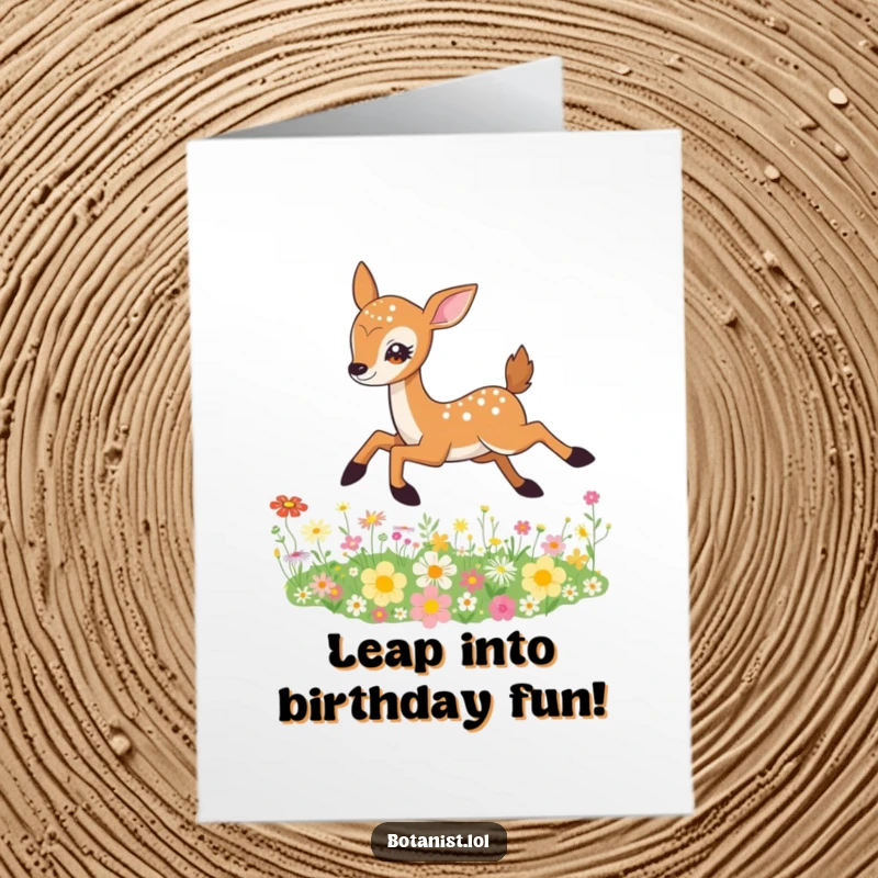 Funny Free Printable Birthday Card: A deer with sparkling eyes gracefully leaps over wildflowers.