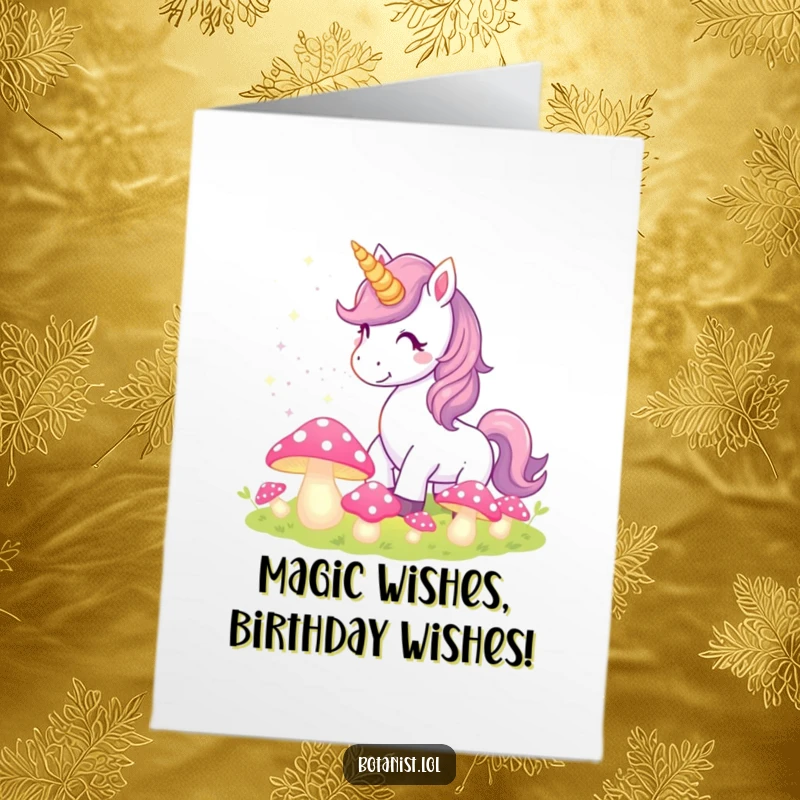 Funny Free Printable Birthday Card: Unicorn sprinkles magical pixie dust on glowing mushrooms, spreading birthday cheer.