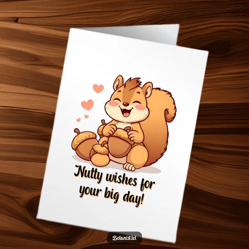 Funny free printable birthday card featuring a giggling squirrel stuffing its cheeks with giant acorns, looking overjoyed.