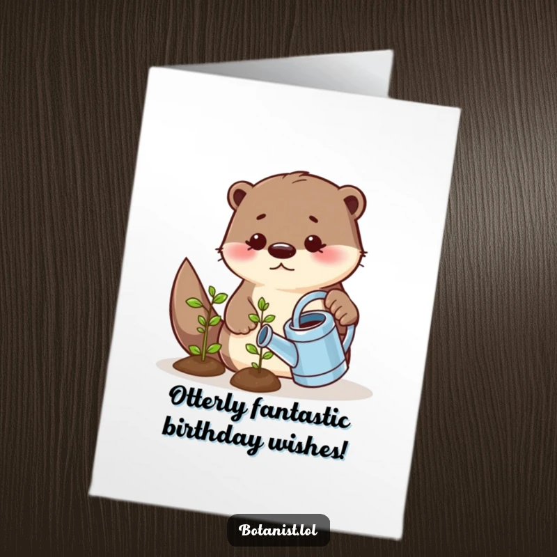 Funny Free Printable Birthday Card: A playful otter waters a tiny smiling seedling with great care, wishing a happy birthday.